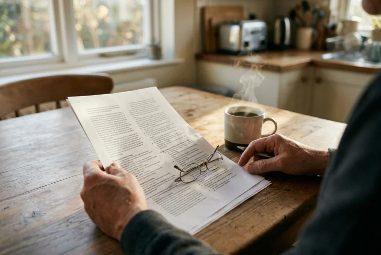 A pair of hands at a kitchen table reviewing a printed affiliate terms sheet, reading glasses resting on the page, a steaming coffee mug nearby, soft morning light through a window.