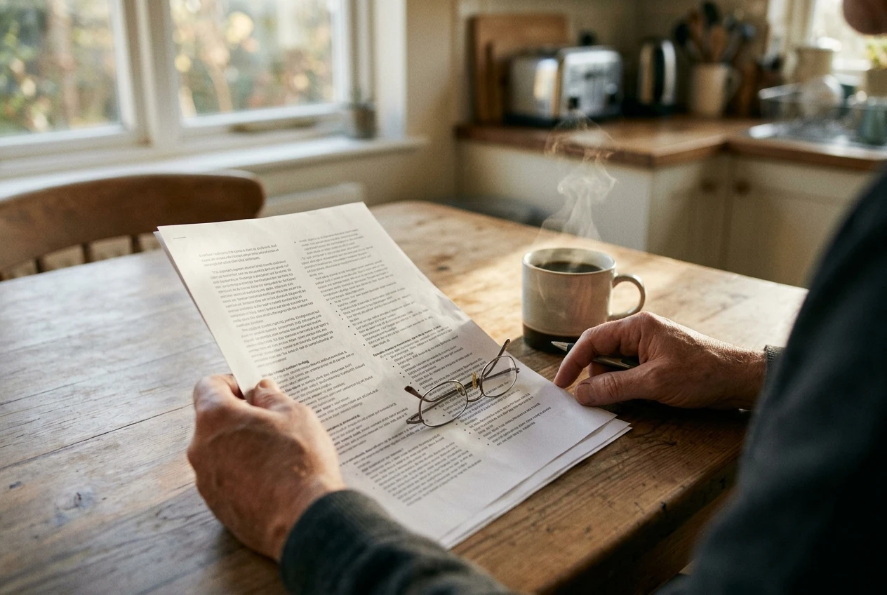 A pair of hands at a kitchen table reviewing a printed affiliate terms sheet, reading glasses resting on the page, a steaming coffee mug nearby, soft morning light through a window.