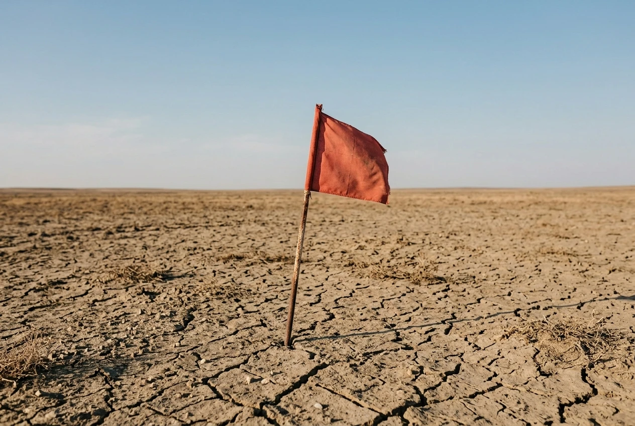 A red flag planted in dry, cracked ground under a clear sky, standing alone as a clear warning sign to stop.