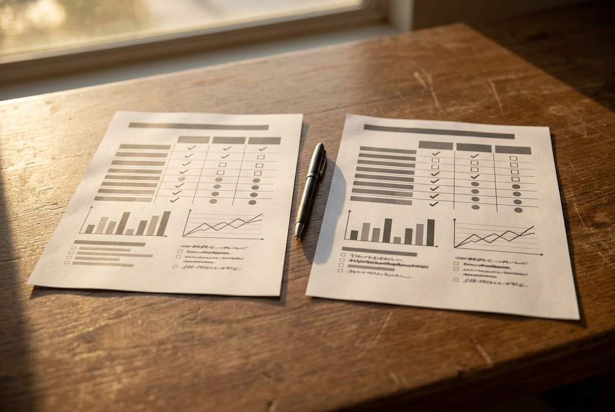 Two printed program comparison sheets laid side by side on a wooden desk, a pen resting between them, late afternoon light slanting through a nearby window.