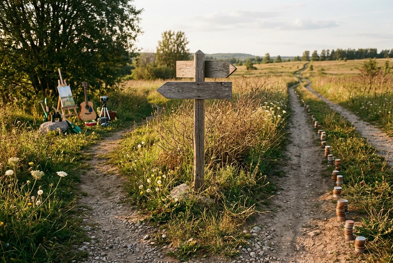 A dirt path forking in two directions in a quiet field: one signpost reads nothing but points toward a cluster of hobby icons, the other path is lined with small stacked coins leading further into the distance, late afternoon light.