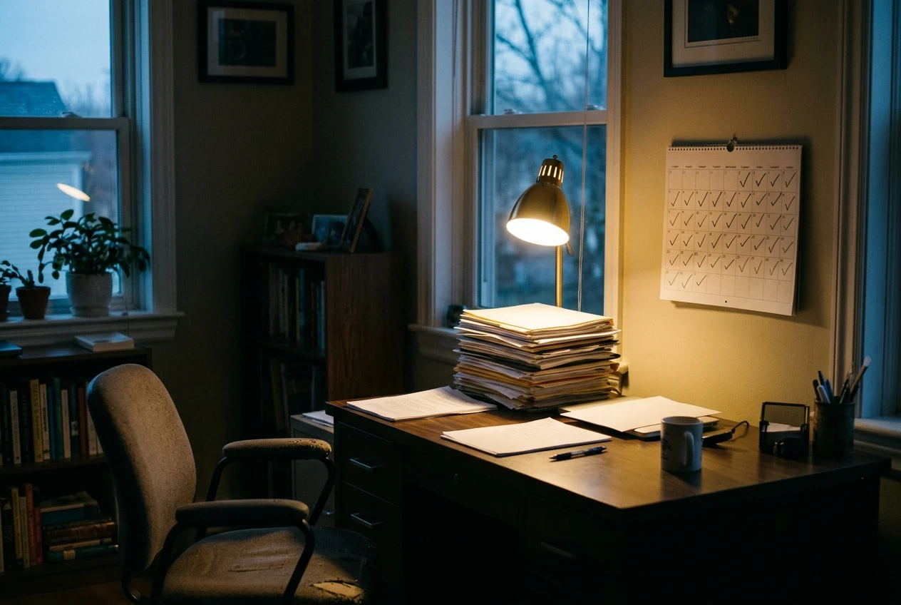 A quiet home office at dusk, a single lamp lit over a desk where a stack of papers has grown slowly taller over time, a calendar on the wall with small checkmarks on many days, suggesting patient accumulation rather than a burst of activity.