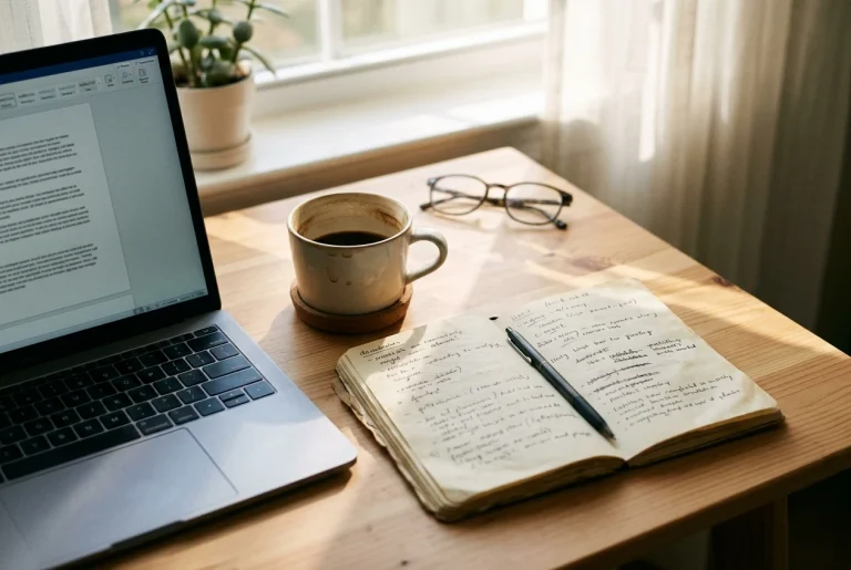 A tidy desk with a laptop open beside a half-finished mug of coffee and a well-worn notebook full of handwritten entries, morning light coming through a window, conveying steady repeated