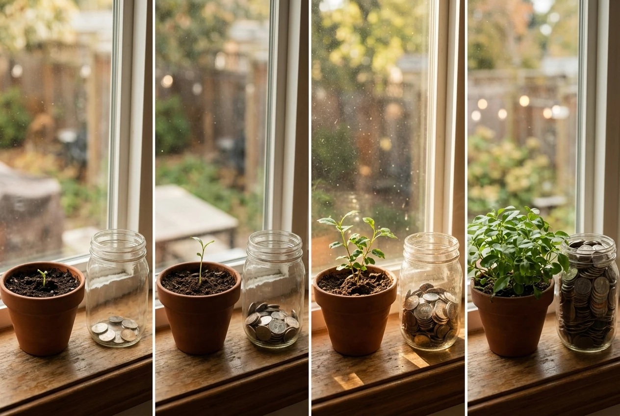 A small seedling growing in a pot on a windowsill next to a jar of coins that gradually increases in height across a sequence, warm natural light, illustrating slow compounding growth over time.