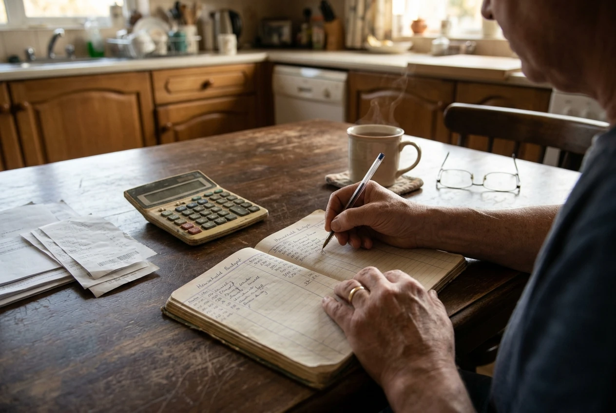 A pair of middle-aged hands writing figures into a household budget ledger at a kitchen table, a calculator and a cup of tea nearby, soft afternoon light, conveying practical money management built over decades.