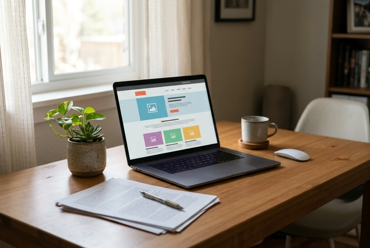 A simple home desk setup with a laptop showing a modest, newly built website, a small potted plant beside it, and a short stack of printed pages representing a handful of published articles, soft daylight through a nearby window.
