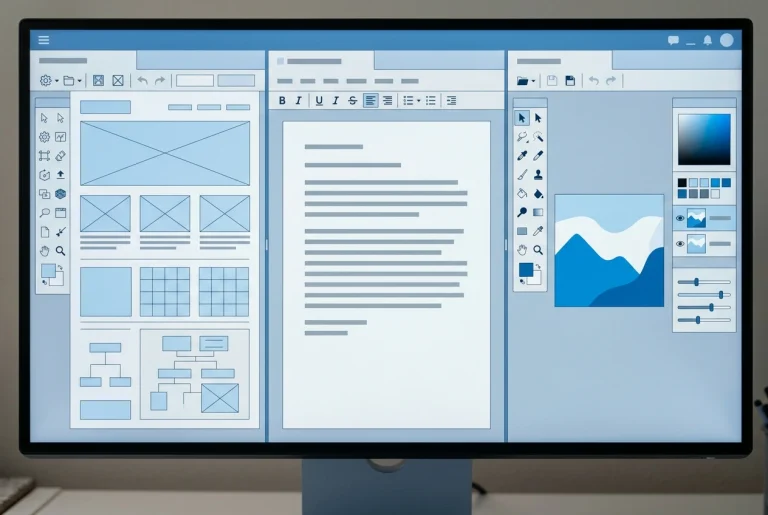 A single clean desktop screen showing one unified workspace panel with a website builder, a writing tool, and an image tool arranged side by side in one interface, soft blue and white tone
