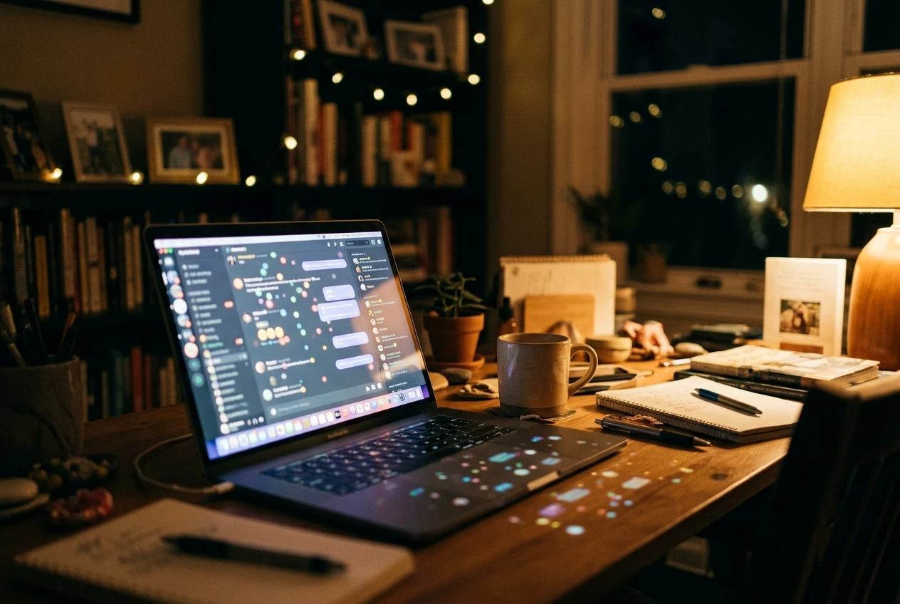 A warm, softly lit scene of a laptop screen glowing in a quiet home office at night, with a faint reflection suggesting many small conversation bubbles of other people online, conveying quiet companionship rather than isolation.