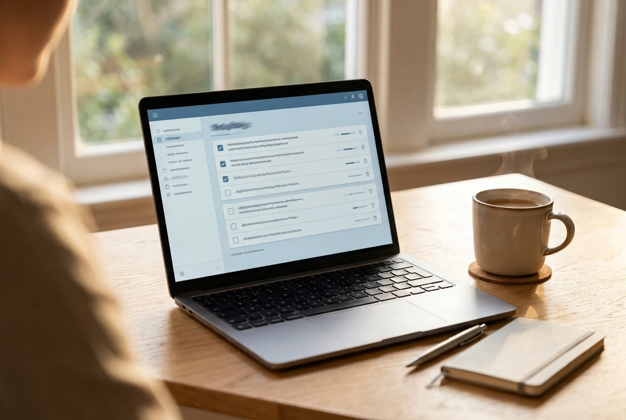 A laptop screen showing a tidy ordered checklist of tasks laid out step by step, a cup of coffee beside it, morning light through a window, conveying calm structured progress rather than scattered notes.