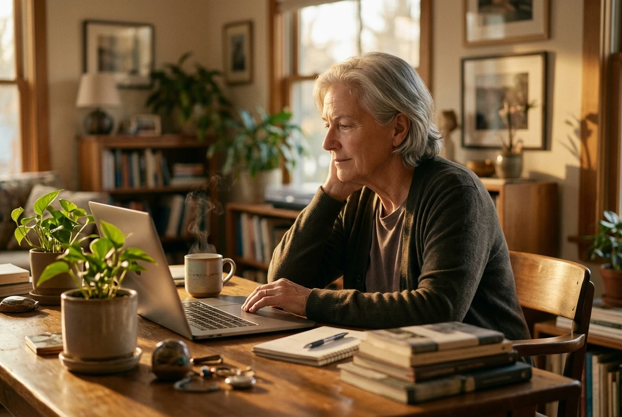 An older adult sitting comfortably at a home desk, relaxed posture, late afternoon light, a small potted plant and a steaming mug nearby, looking at a laptop with calm focus rather than stress.