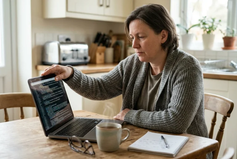 A middle-aged person in a cardigan sitting at a kitchen table in soft morning light, closing a laptop on a screen crowded with tangled code and jargon, a cooling mug of tea beside it,