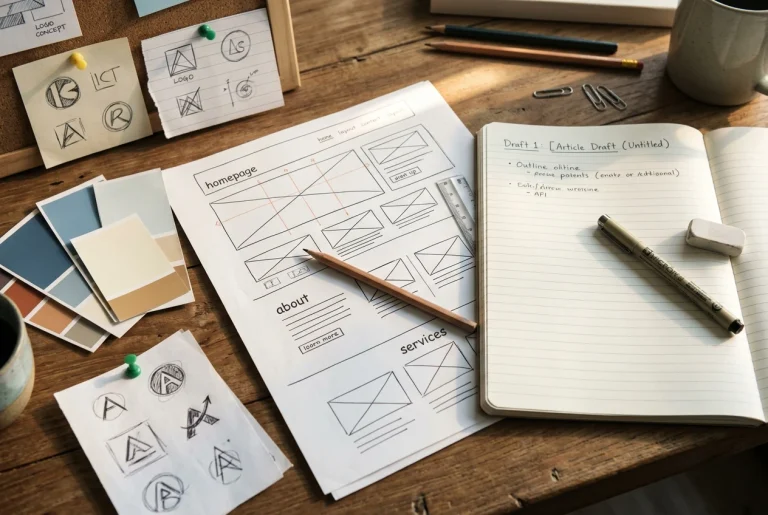 A half-finished homepage mock-up on a desk, with colour swatches and a logo sketch pinned beside it, next to a single handwritten notebook page headed with a blank article draft. Warm m