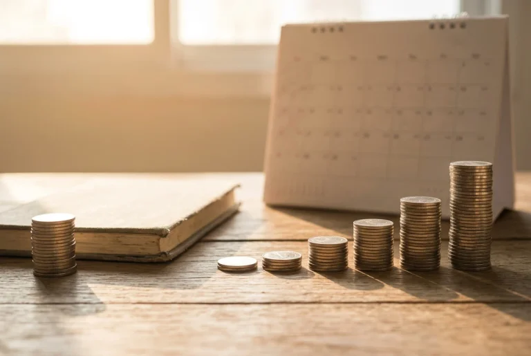 Two small piles of coins on a wooden desk in warm morning light: a single neat coin stack on the left beside a closed notebook, and on the right a row of coin stacks growing taller m