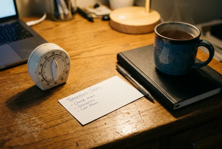 A plain analog kitchen timer and a handwritten index card on a wooden desk, the card showing a short to-do list for tomorrow, beside a mug of tea and a closed notebook, lit by warm