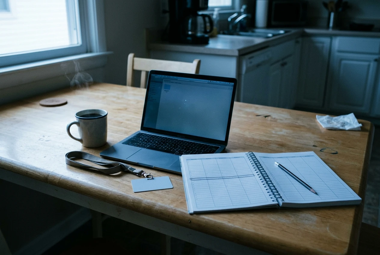 A kitchen table at early morning with a mug of coffee, a closed work lanyard and a small open laptop lit by a window with pale blue dawn light, a paper planner beside it with one hour