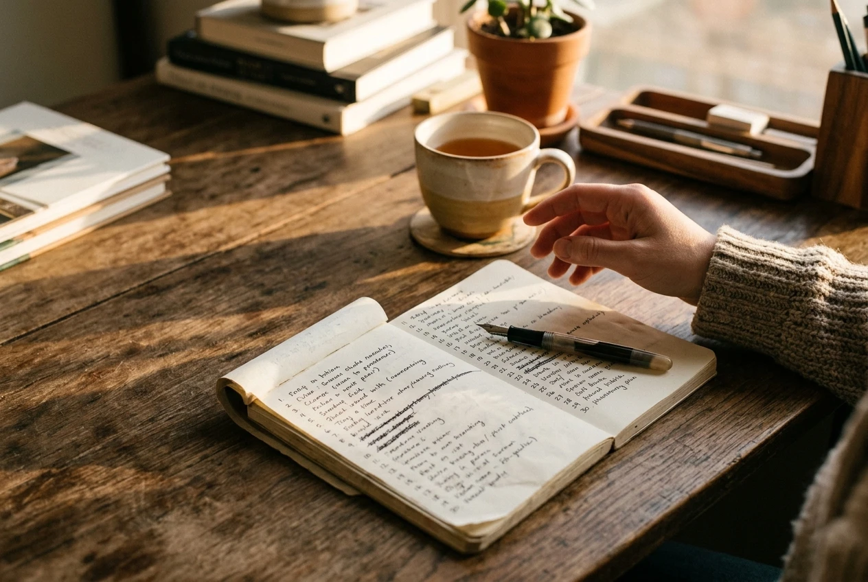 A quiet desk in late afternoon with a handwritten list of the past thirty days on a notepad, a pen resting across it, and a half-finished cup of tea, warm side light, a person's hand hovering over the page as they take stock.