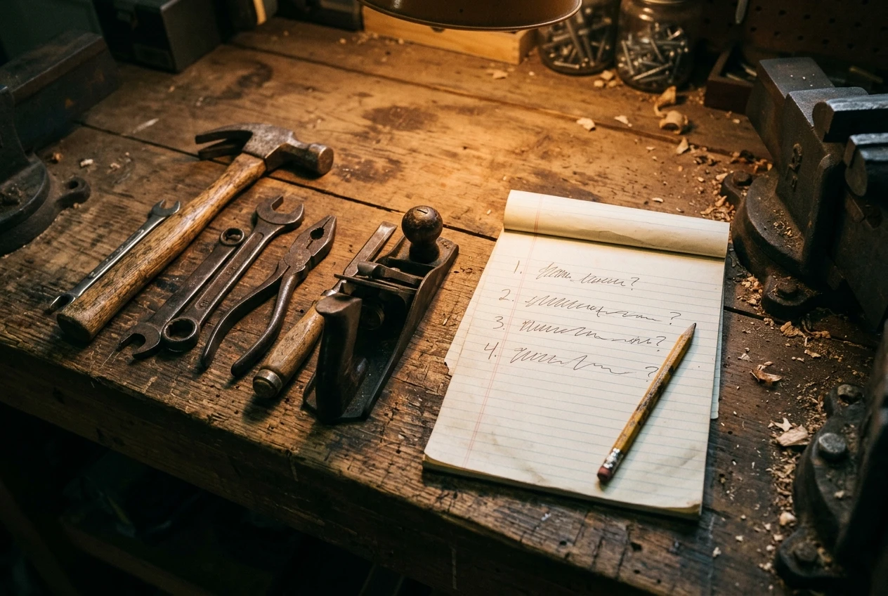 A workbench in a garage workshop with well-worn hand tools laid out neatly, a lined notepad with a numbered list of questions beside them, and a pencil, warm amber light from an overhead lamp, showing lived experience turning into writing.