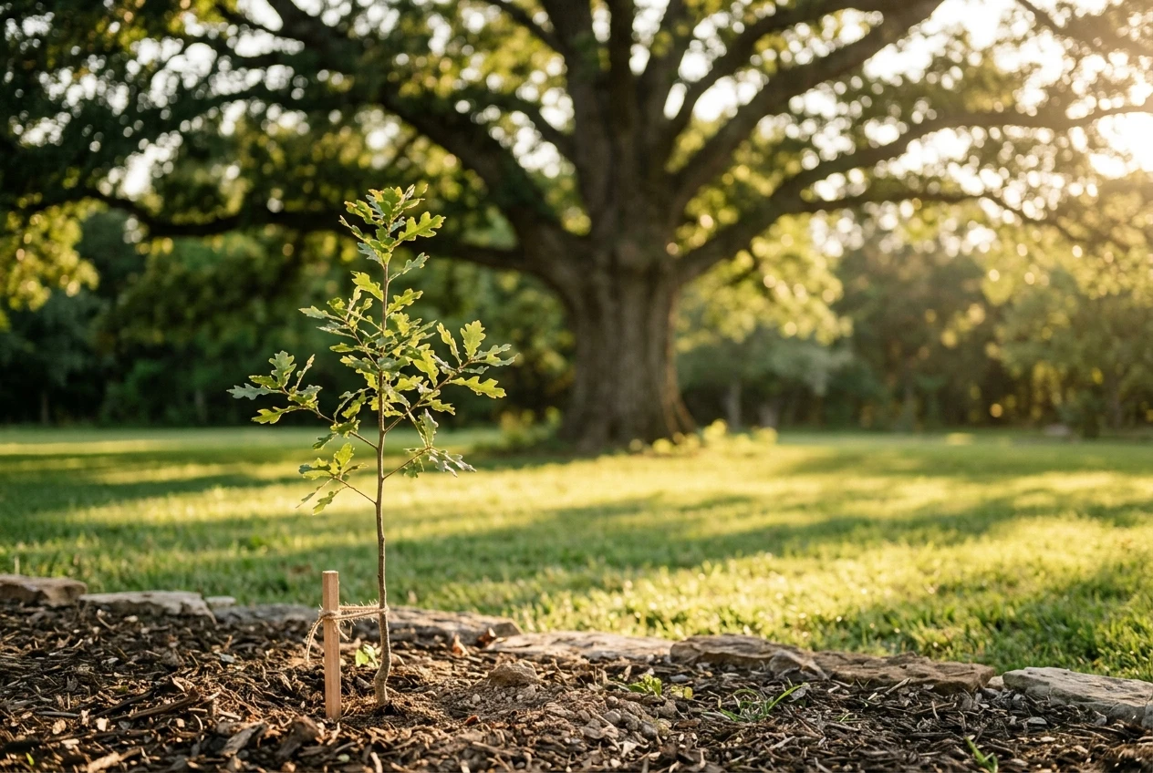 A young oak sapling planted in a garden bed in the foreground with a mature oak tree softly blurred behind it, golden late-afternoon light and green grass, conveying slow growth that pays off over years.